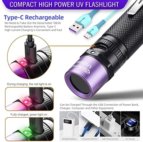 Lightfe UV304 Lanterna UV - Ultravioleta de alta potência - O tipo C recarregável pode ser usado para cura de cola UV, manchas de urina para animais de estimação, detecção de agentes fluorescentes de minério, etc.