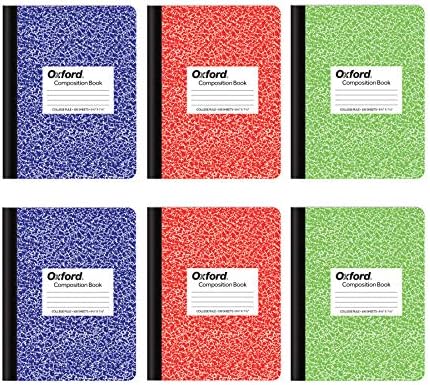 Pacote 6 de composição de Oxford 6, College governou o papel, 9-3/4 x 7-1/2 polegadas, 100 folhas, capas de mármore variadas. 2 cada: