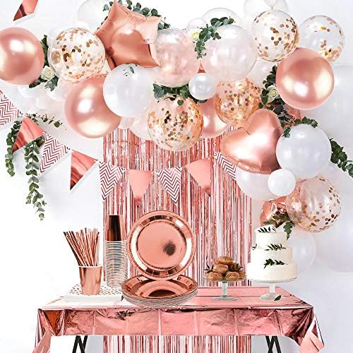 Movinpe Rose Gold Party Supplies Decorações para 16 convidados Tableware Bunting Curta