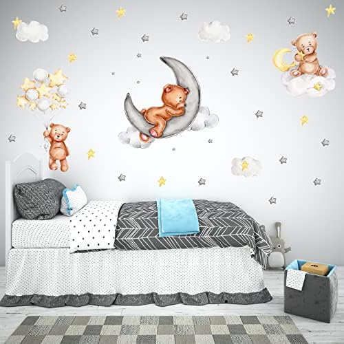 Urso dormindo na lua decalques de parede da lua urso balão estrelas cinza adesivos de parede adesivos menino meninas lua e estrelas