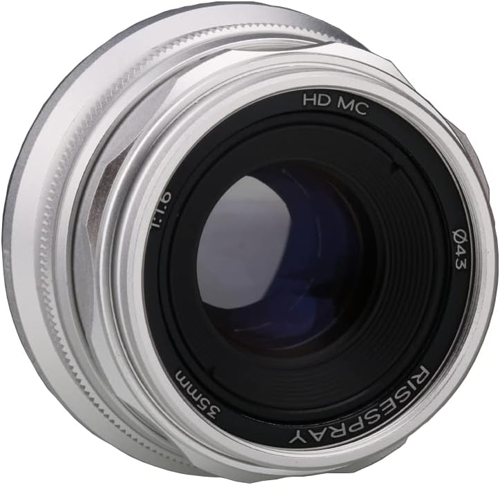 RisesPray 35mm F1.6 Mini APS-C Lente para Sony Panasonic Fujifilm Olympus Canon Nikon Mirrorless Camera Silver Silver