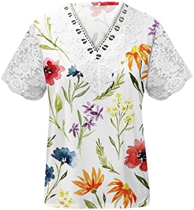 Tampas elegantes de verão para feminino de renda vin -pescoço blusa floral estampado de manga curta camiseta casual camisas da