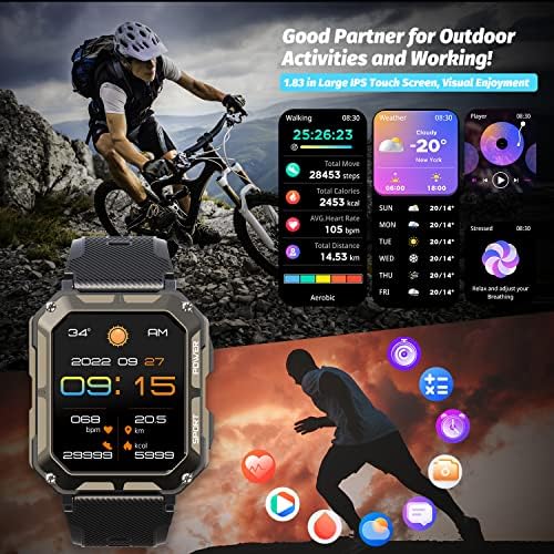 Hofit Smart Watch for Men, Bluetooth Chamada de relógios masculinos, relógios inteligentes robustos militares, tela de toque de 1,83in HD, relógio de fitness para Android iOS, relógios de rastreador de atividades