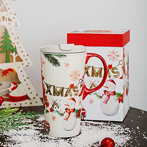 Voltogar Christmas Cerâmica Caneca de Caneca de Caneca Comida Com Holding & Tampa, Holiday Xmas Snowman Cup para casa e escritório, 17 oz de chá de chá com caixa de presente, Natal