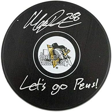 Marcus Pettersson Let's Go Pens autografado Pittsburgh Penguins Hóquei Puck Bas - Pucks autografados da NHL