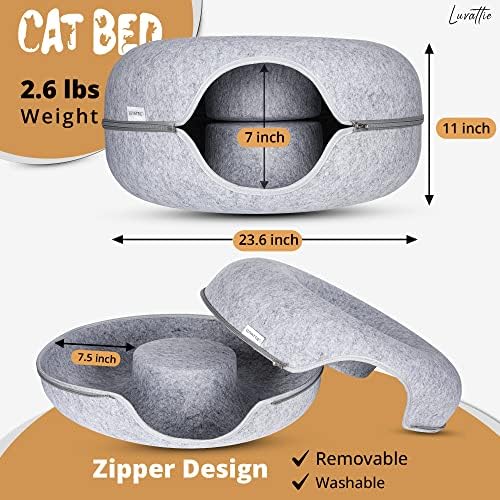 Luvattie Cat Tunnel Bed para gatos internos, cama de caverna de gato grande com 4 brinquedos, cama de rosquinha de gatos resistentes e laváveis ​​para arranhões, casa de gato, casa de gato, cinza claro de 24 polegadas, fácil de montar, os gatos adoram