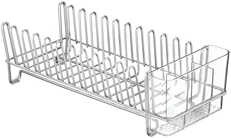 Mdesign Steel compacte moderno rack de secagem de pratos com talheres removíveis, caddy - escorrinhor de prato, prato para balcão de cozinha, pia - segura pratos, utensílios, tábua - coleção de concertos - cromo/transparente