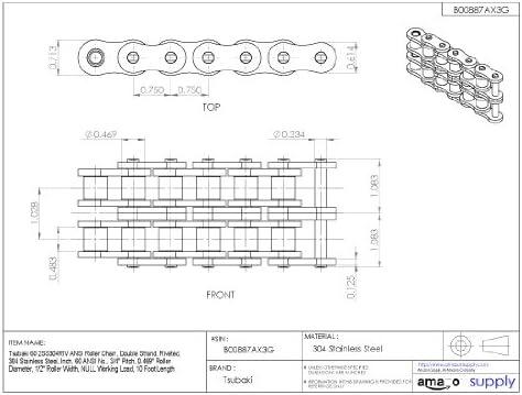Tsubaki 60-2SSRB ANSI Chain Roller, fita dupla, rebitada, 304 aço inoxidável, 60 Ansi No., 3/4 Pitch, 0,469 Diâmetro