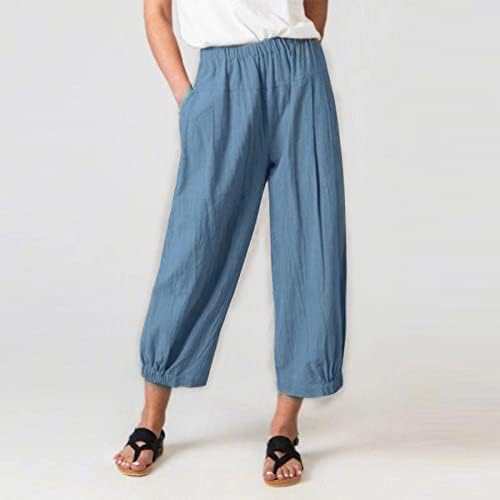 Calça de linho de verão feminina cintura elástica folga plissada de perna larga capris calças confortáveis ​​coloridas sólidas com bolsos