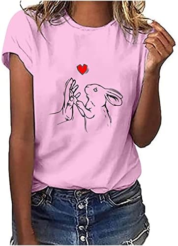 Camisetas de Páscoa impressa de coelho fofo para mulheres camisetas gráficas casuais soltas, camiseta de manga curta redonda