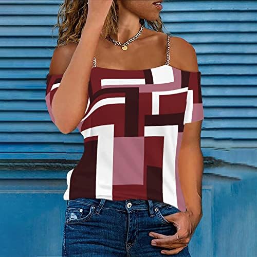 Tops for Women Summer Fashion 2023 steampunk ombro frio blusa metal cadeia de tiras de tira camiseta geométrica de estampa