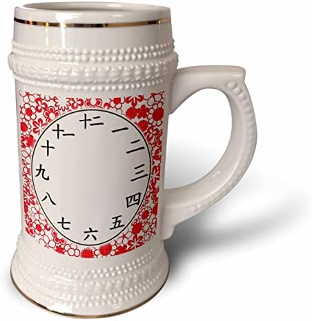 3drose japonês relógio face - números kanji - padrão de flor vermelha. - 22 onças de caneca