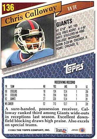 1993 Topps Football 136 Chris Calloway New York Giants Cartão de Comércio NFL Official da Topps Company