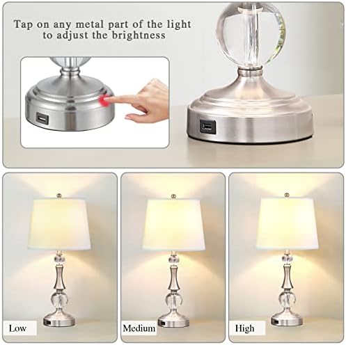 Conjunto de 2 luminárias de mesa de cristal modernas, lâmpadas de mesa de cabeceira de cabeceira de cabeceira com porta de cabeceira com porta USB, lâmpada de tom de tecido branco para quarto quarto da sala de estar, lâmpadas LED incluídas