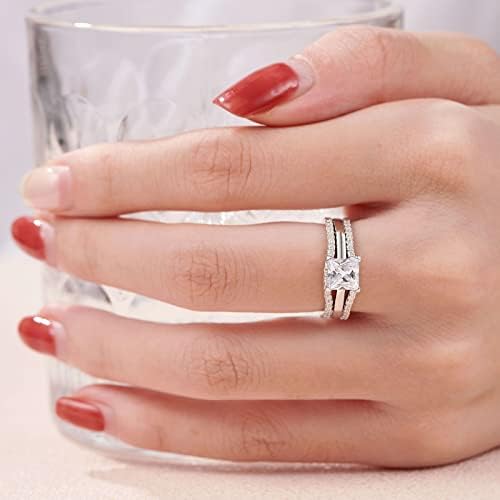 Selas Solitaire Princesa CZ Anéis de casamento Definir aprimoradores de anel de guarda para mulheres Sterling Silver