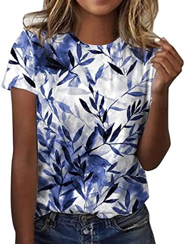 Adpan feminino diariamente folhas impressas o Tampo de pescoço camisetas de manga curta Camisas de treino casual camisetas camadas em camadas mulheres