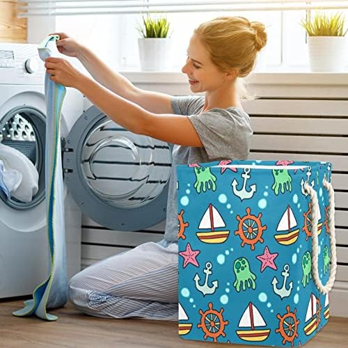 Deyya Sailing Pattern Laundry Basket com alças embutidas com revestimento com suportes destacáveis ​​cesto para lavar armazenamento e organização