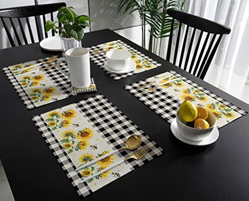 Placemats xadrezes de girassol para mesa de jantar Conjunto de 4, pano de linho de algodão para quadrado/retângulo/mesa