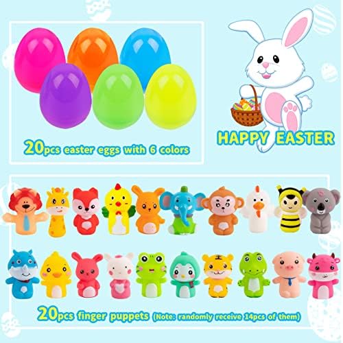M Sanmersen 20 Pacote ovos de Páscoa de plástico com fantoches de dedo de brinquedo dentro de ovos de surpresa colorida