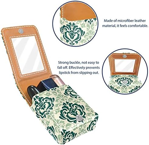Caixa de batom de maquiagem para padrão verde de damasco verde elegante textura geométrica de luxo Organizador portátil de batom com espelho Mini Makeup Saco leva até 3 batom
