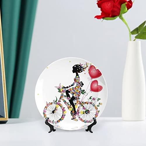Placa decorativa de 8 polegadas, prato de cerâmica floral, menina de flores com balões Valentine Bicycle Fairy Fairy Print