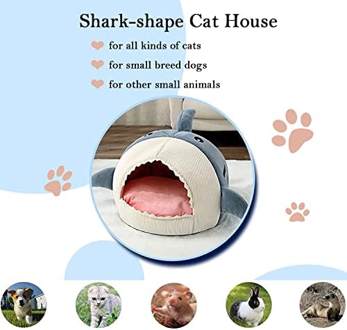 Ezume Shark Shape Cat Cave Bed com almofada grossa, Kitten macio e quente casa para gatos internos Anti -deslizamento,