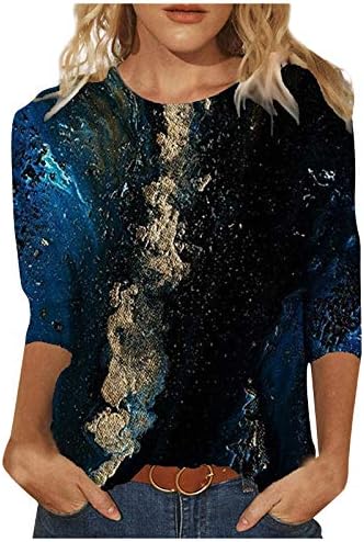 Summer Tops Tops Trendy Color Block Matching Gradient 3/4 Sleeve Tshirts Casual Pullover de pescoço solto e solo camiseta