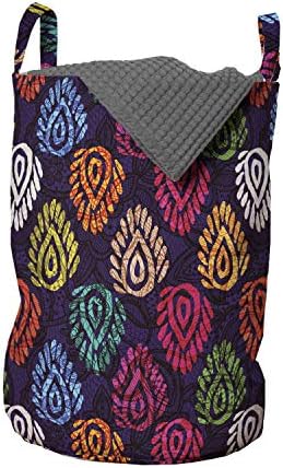 Bolsa de lavanderia oriental lunarável, ilustração de motivos boêmios orientais tradicionais do padrão folclórico, cesto de cesto de cesto com alças fechamento de cordão para lavanderias, 13 x 19, multicolor