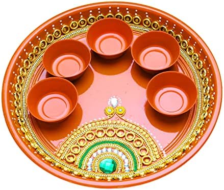 Designer Placa artesanal de noivado a aço decorativo puja thali com puja thali capa artigos de pooja essenciais para aarti pooja rituals festival decorações de casamento gifting