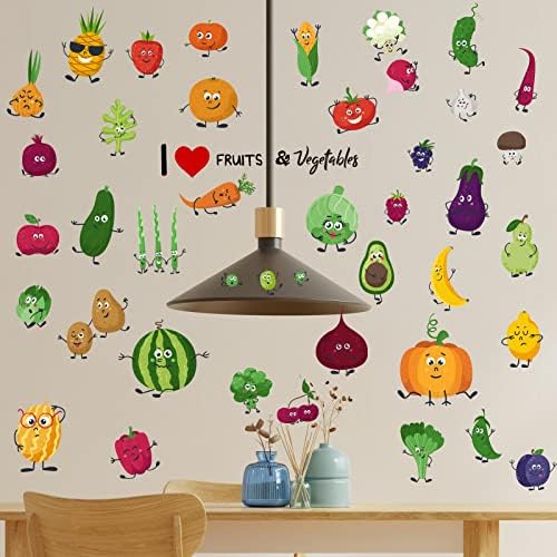 Decalques de parede de vegetais de frutas de desenho animado, adesivo de parede de comida de cozinha, descasca e bastão removível, decoração de arte de parede para armário de cozinha, adesivo da janela de fruto da geladeira refrigerador da sala de jantar da sala de jantar da sala de crianças d