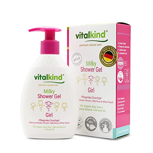 Cosméticos naturais premium para meninas de Vitalkind. Gel de chuveiro suave para limpeza suave de pele sensível.