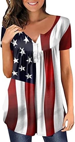 4 de julho Tunic Tops for Women American Flag Hide Belly T-shirts Summer Summer Casual Manga Short Button Up V Bloups
