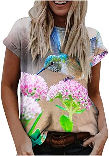 Mulheres Hummingbird Print Tee Tops de manga curta O-pescoço casual blusas para perneiras Pullover de verão camisas de verão