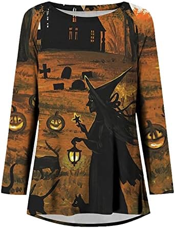 Narhbrg Halloween Bloups for Women Long Slave Tunic Tops Crewneck colorido witch impresso camisa casual