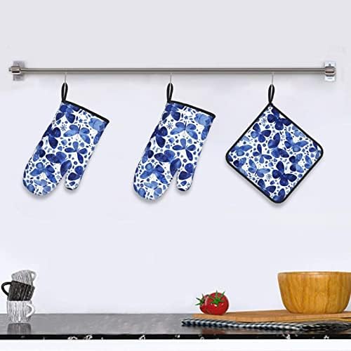 Butterfals azuis Aqueça e deslize as luvas de forno resistentes, luvas grossas longas flexíveis para cozinhar, churrasco, cozinha de cozinha.