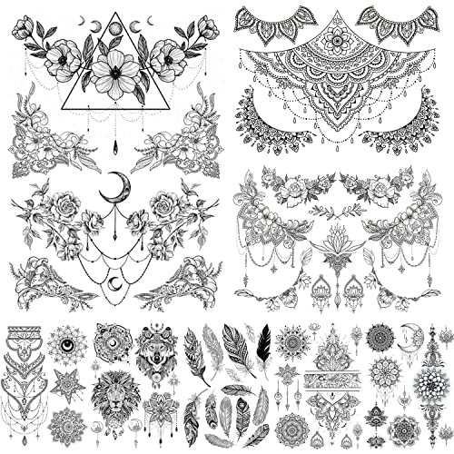GLARYYEARS 8 folhas Baús Mandara Tattoos para mulheres, Designs de apanhador de sonho de folhas de folhas de flor preto