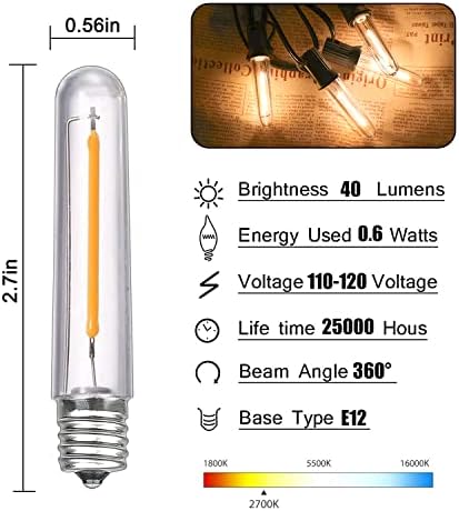 Bulbos LED e12 reduzíveis de pacote, lâmpadas de candelabra de 0,6W LED 2700k Branco quente, lâmpadas de reposição de LED vintage T13 para lâmpadas de reposição para C7/E12 Bases S14 G40 Luzes de cordas ao ar livre, lustres, vela, luzes noturnas