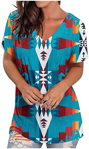 Camisetas étnicas astecas ocidentais para mulheres, verão de manga curta V camiseta pesco