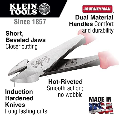 Klein Tools J228-8 alicate, alicate diagonal de corte com alças de viajante de material duplo, mandíbulas curtas e bordas de corte chanfradas, 8 polegadas