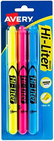 Avery Hi-Liter Highlighters, com tinta segura, ponta de cinzel, 3 marcadores de cores variadas variadas