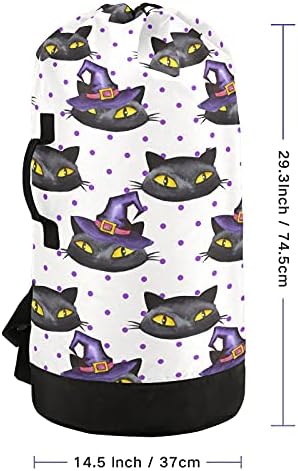 Halloween Black Cat Bag Backpack de lavanderia pesada com tiras de ombro e alças Bolsa de roupa de viagem com tração de tração Organizador