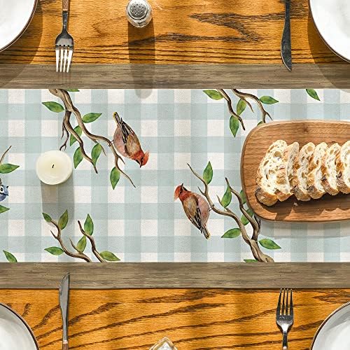 Modo Artóide Buffalo Plaid Bird Table Runner, Spring Kitchen Dining Table Decoration for Home Party Decor 13x72 polegadas
