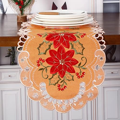 GrandDeco Christmas Holiday Table Runner para festas de fazenda Bordadas Red Christmas Flower Dresser Lenves Xmas Home Kitchen