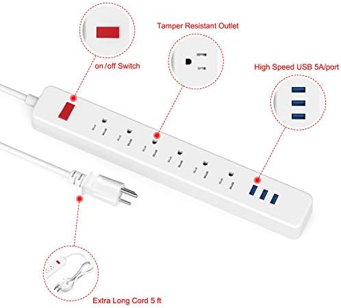 Power Strip, Protetor de surto com 6 pontos de venda e 3 portas de carregamento USB, 1875W/15A 5 pés de extensão de comprimento para vários dispositivos Smartphone Tablet Laptep-White