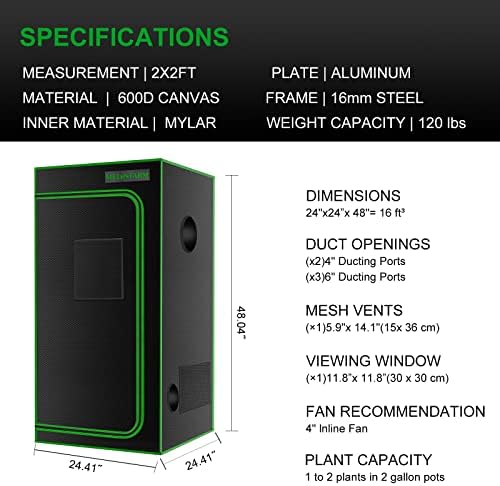 MelonFarm 2x2 Grow Tent 24 x24 x48'''Reflextive 600D Mylar Hydroponic com janela de observação, bandeja de piso e bolsa