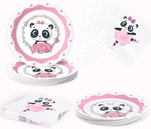 TBSONE PANDA FESTIDAS, Decorações de festa de aniversário de panda para meninas, pratos de panda descartáveis ​​de 24 peças e guardanapos colocados em rosa