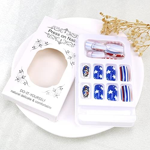 24pcs Independence Day Press On Unhew Short 4 de julho UNIF FALSE PARA MULHERES MENINAS BLUE STAR PRESSA NO NEGLE DEISGN ACRYLIC UNIG STICEKR ON PERNODEM COM GLU