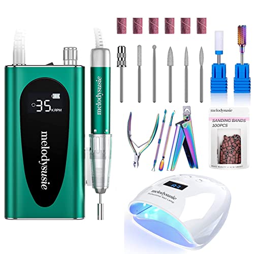 Melodysusie Professional Recarregável 35000rpm Broca de unhas com 100 PCs Landing Professional Bands, Clippers de unhas de acrílico 4 em 1 kit, lâmpada de unha LED UV TRUE 54W Secador profissional de unhas