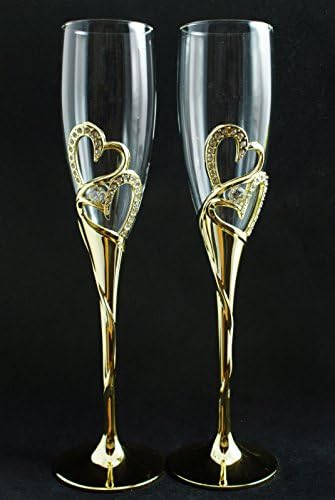 Ouro Double Heart Diamond Wedding Glasses Toasting Flute Set