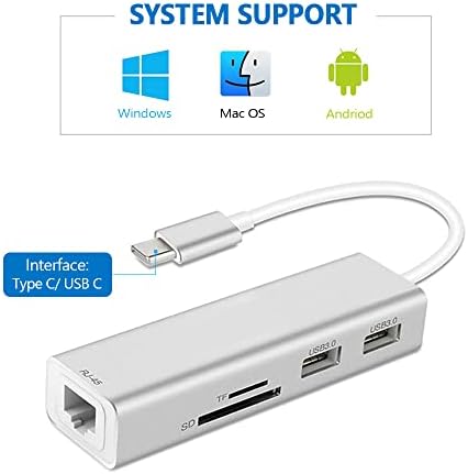 Adaptador USB C para Ethernet com 2 porta USB 3.0, função do leitor de cartão SD TF, 5 em 1 alumínio tipo C Gigabit